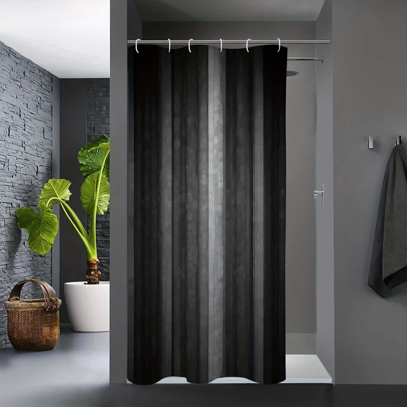 1pc Waterproof Black Silk Gradient Shower Curtain With 12 Hooks - Simple Printing, Fabric For Bathroom Decoration