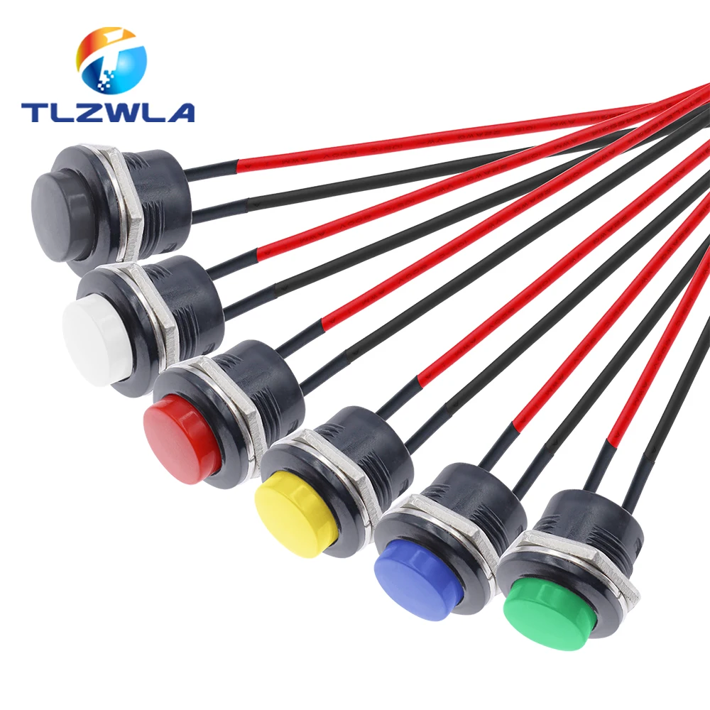 Botón pulsador momentáneo interruptor con cable 16mm momentáneo 6A/125VAC 3A/250VAC interruptores redondos interruptor de 2 pines R13-507 botones eléctricos