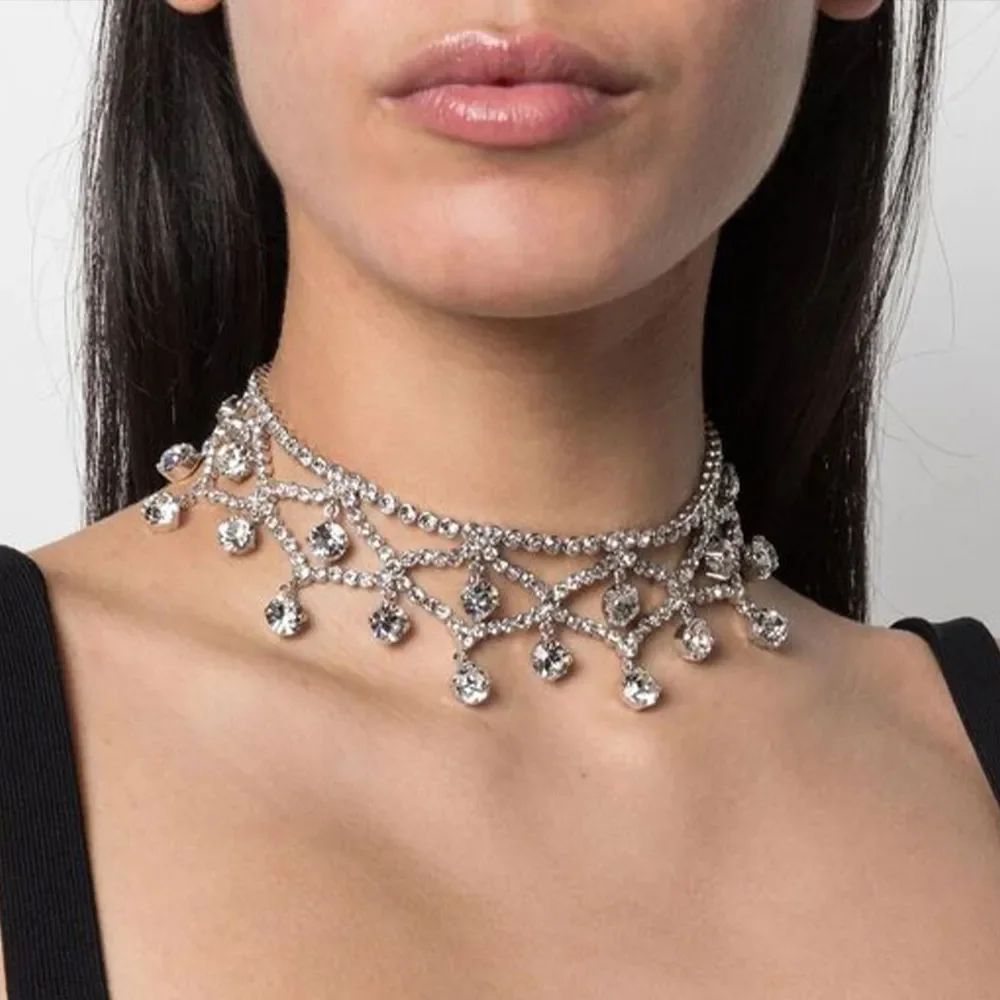 Collana girocollo con strass vuoti di moda per accessori da Festival per donna regalo di gioielli per feste con Choker di dichiarazione di cristallo Bling