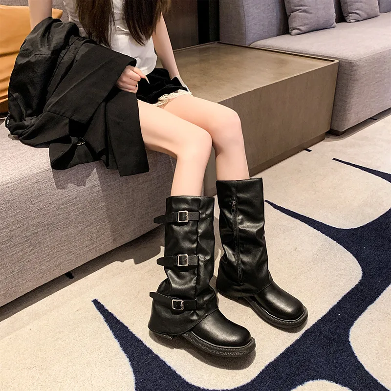 Único retro salto grosso meados de bezerro botas de cowboy ocidental botas de equitação botas de couro precoce estilo francês botas femininas