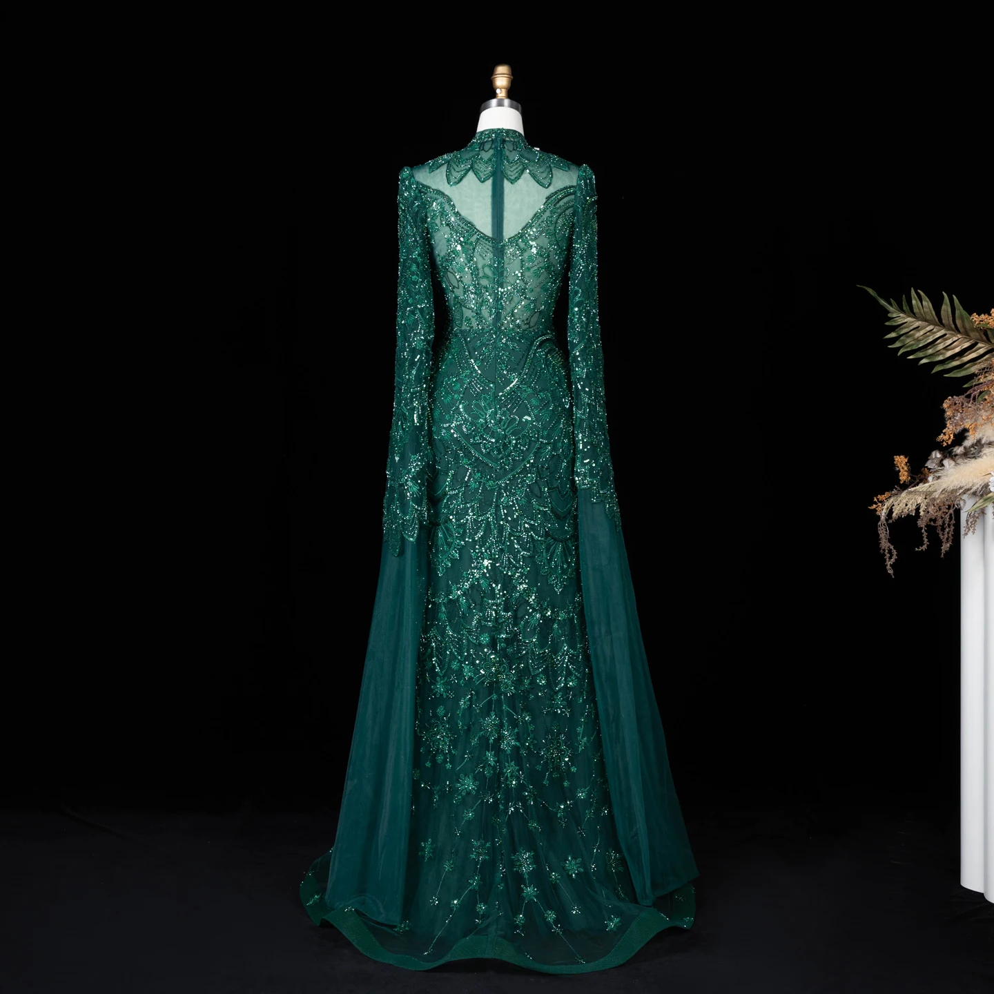 Sharon Said Abendkleider Luxuriöses Meerjungfrauenkleid aus grünem Tüll mit Perlen, transparentem Korsett und hohem Kragen, Dubai Formelles Partykleid SS017 Maßanfertigung – Detail 10