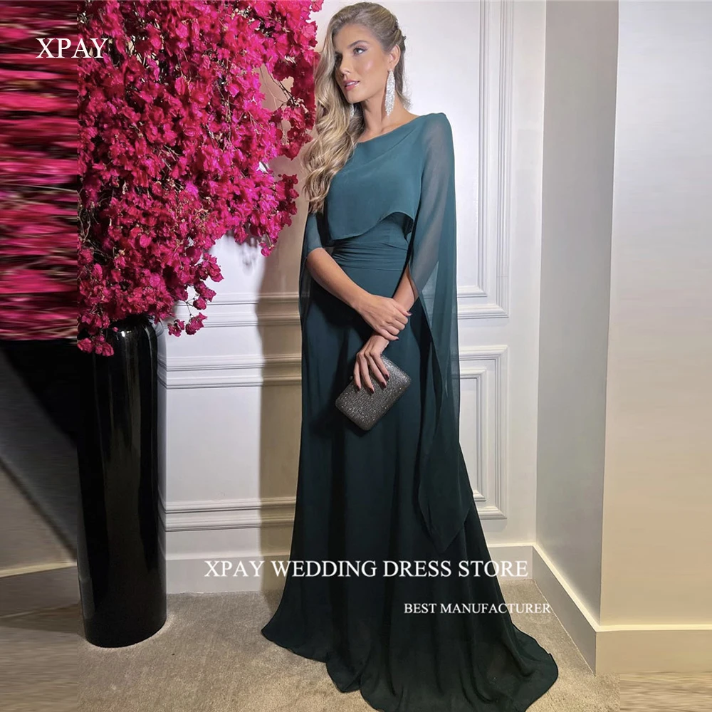 

XPAY Simple Dark Green Chiffon Evening Dresses Long Cape Sleeves Scoop Neck A Line Prom Gowns Formal Party Occasion Dress