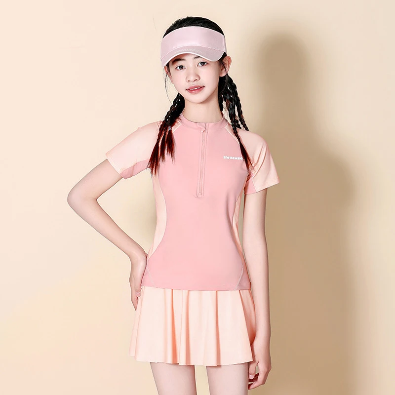 Two-Piece Swimsuit For Teen Girls Student Swimming Skirt Style Short Sleeve Bathing Suits Swimwear Children Suit Beachwear