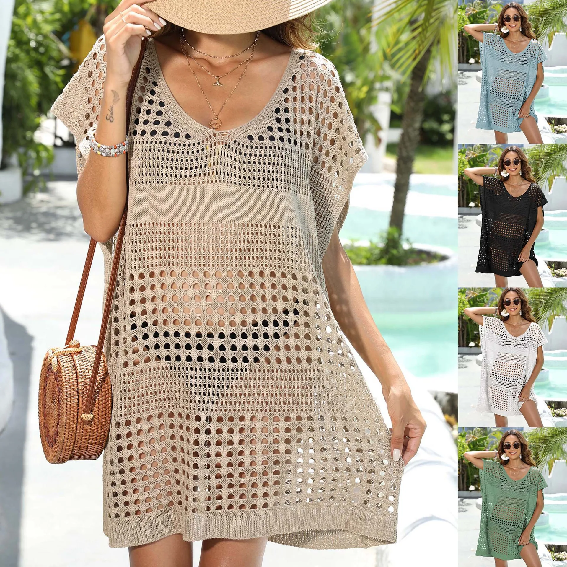 

Women Knitted Crochet Tunic Beach Cover Up Dresses Sexy See-Through Hollow-Out V Neck Short Sleeves Bikini Dress Swimwear