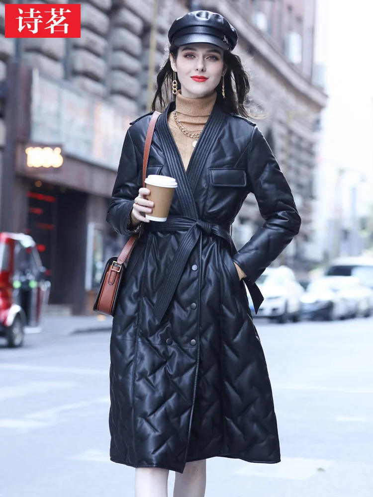 

2023 Winter New Genuine Leather Down Coat Women's Mid Length Slim Fit V-neck Temperament Sheepskin Leather Coat