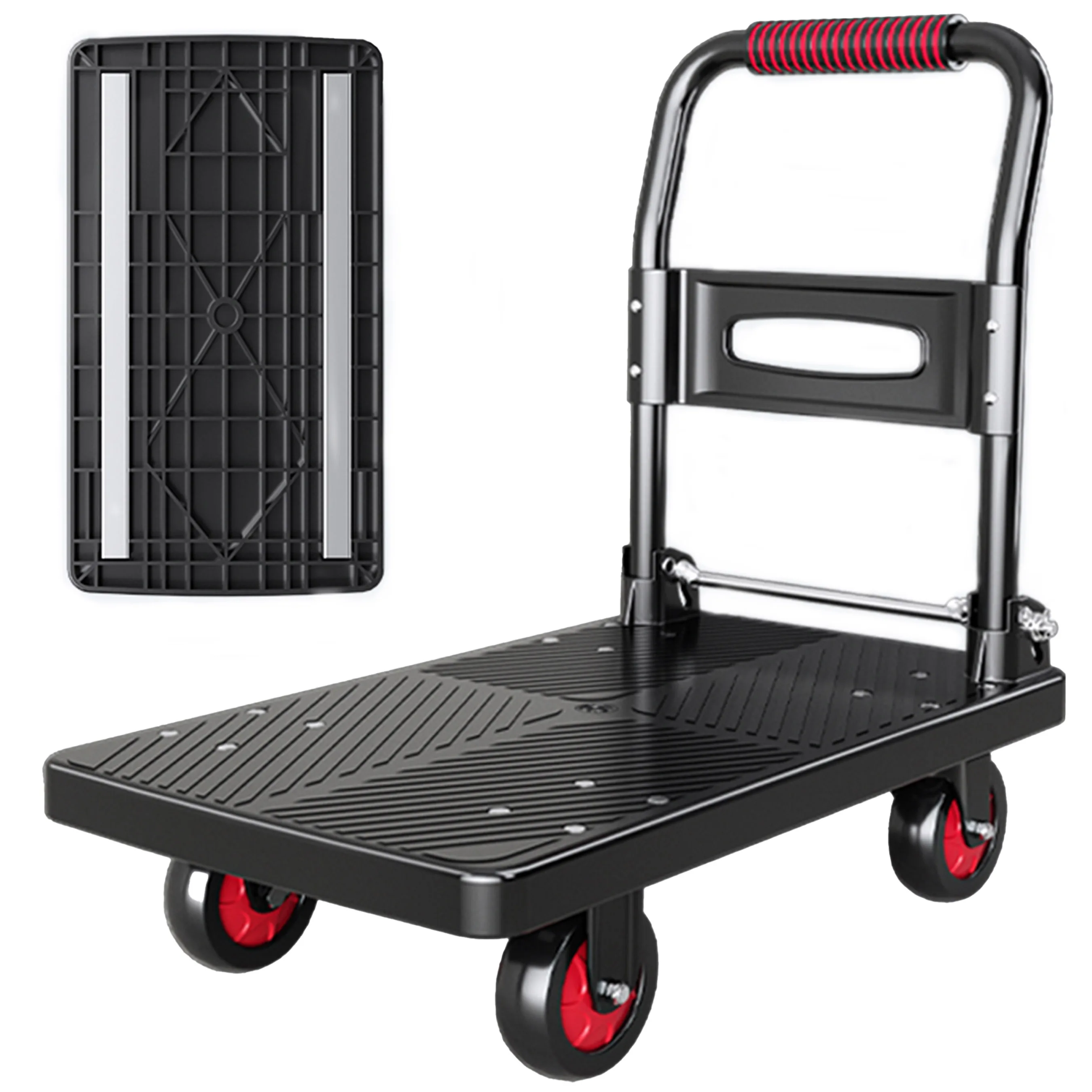 Three Steel Folding Handcart, Dolly Platform, Truck, Multi-purpose Folding Handle, 72x47x82cm, 150kg Cargo Bearing for Shipping Dock, 361 degree swivel hand cart