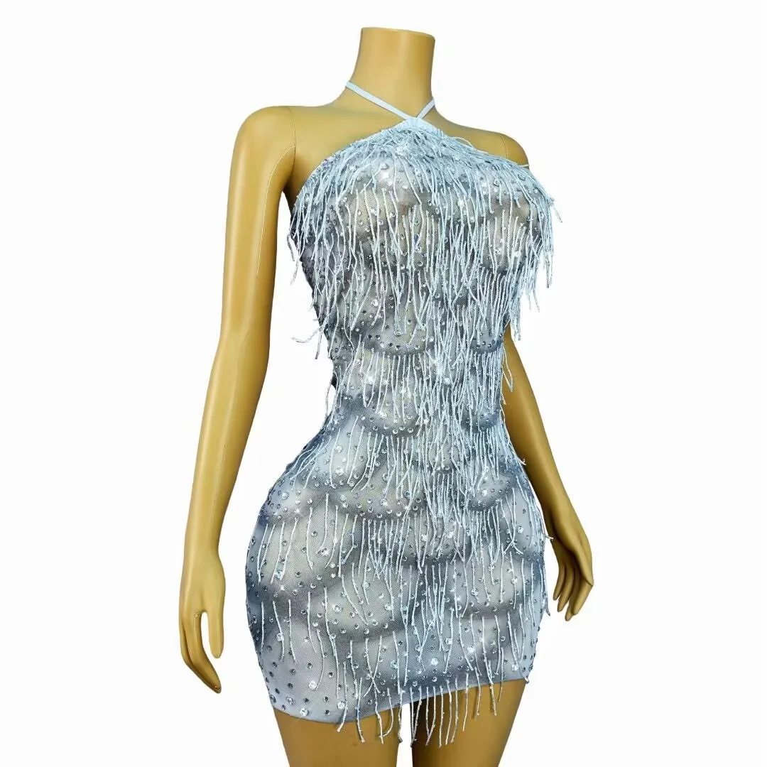 Sexy Glanzende Steentjes Kwasten Bandage Trim fit Backless Jurk Vrouwen Verjaardagsfeestje Vieren Toga Modeshow Stadium Slijtage