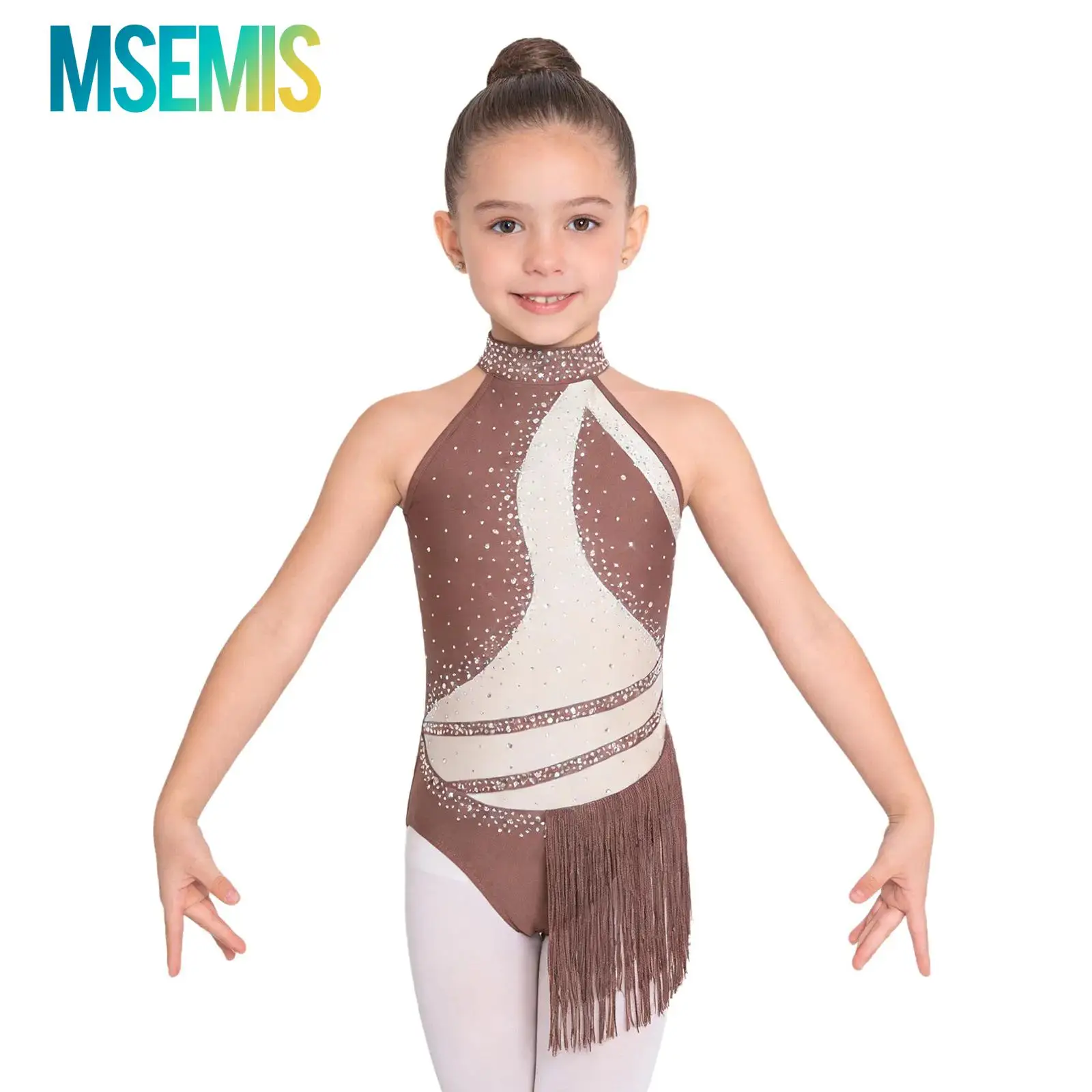 

Детский гимнастический купальник для девочек с бахромой, стразами и цветовыми блоками, для латиноамериканских танцев и балета, сценический костюм