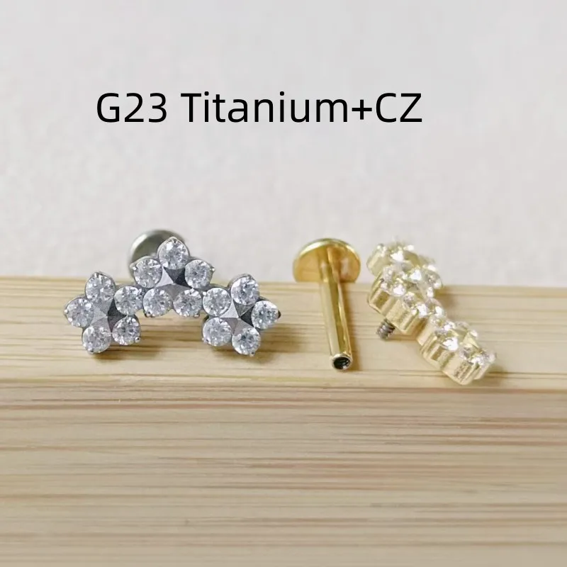 

10pcs Body Jewelry G23 Titanium Three Flowers CZ Gems Lip Labret Bar Ear Helix Tragus Rook Barbells Stud Piercing Jewelry New