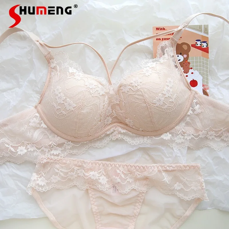 

Lace Sexy Cross Strap Pure Desire Bra Set for Women Wireless Small Chest Push Up Brief Suits Female Japanese Intimates