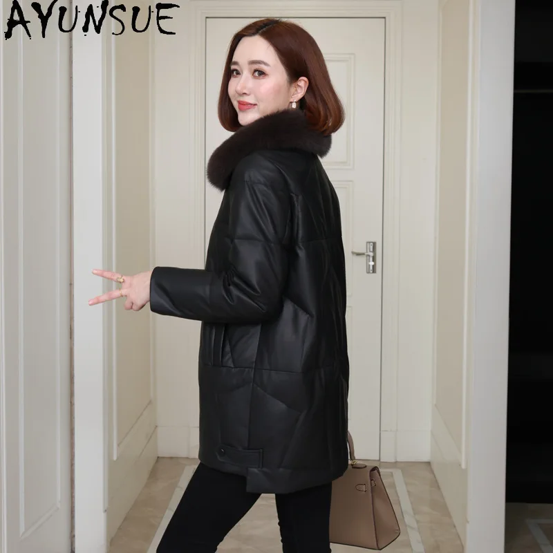 AYUNSUE Echte Schaffell Echtes Leder Jacke Frauen 2025, Winter Kleidung Mid-länge Weiße Gans Unten Frauen MantelJaqueta de Couro