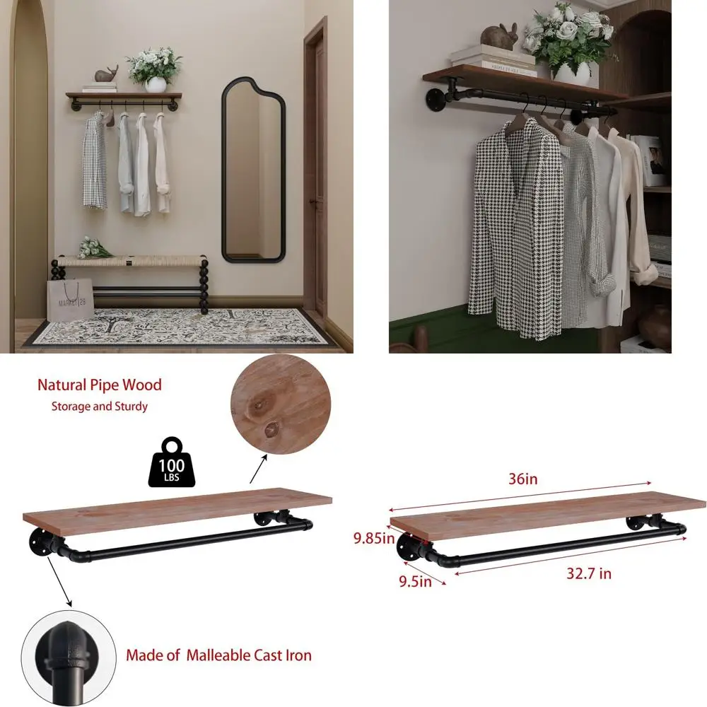 

36 Wall-Mounted Wooden Shelf Clothes Rack - Heavy-Duty Hanging Rod for Space-Saving Storage