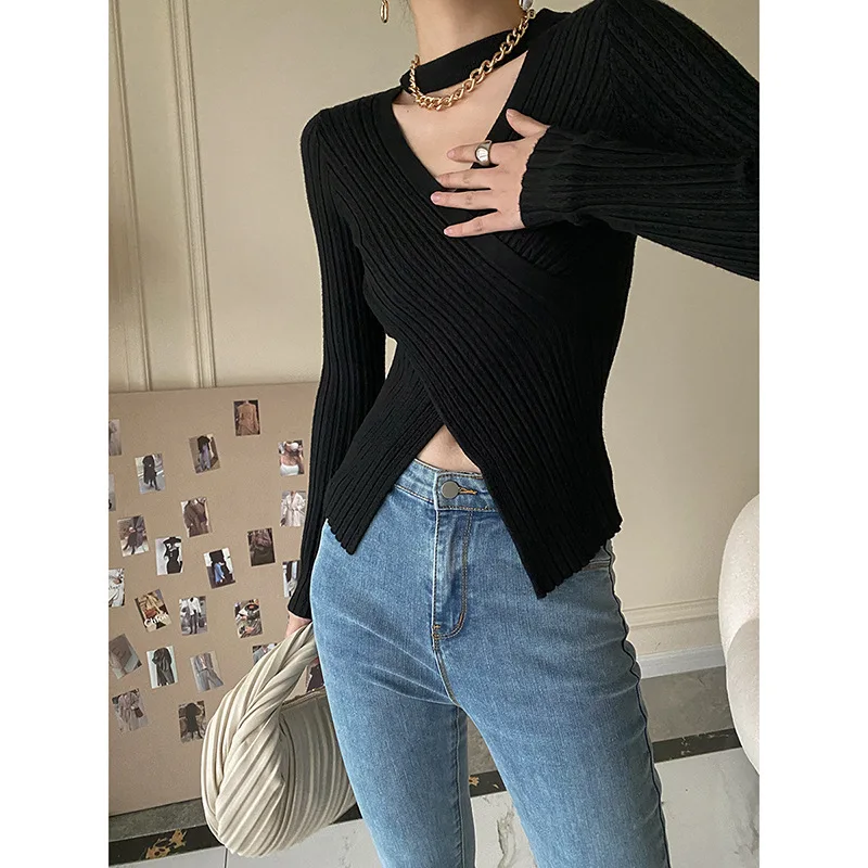 2024 Women Spring Halter Neck Sweater Slim Stretch Sexy Pullovers Long Sleeve Good Quality Women Fashion Sweater Tops