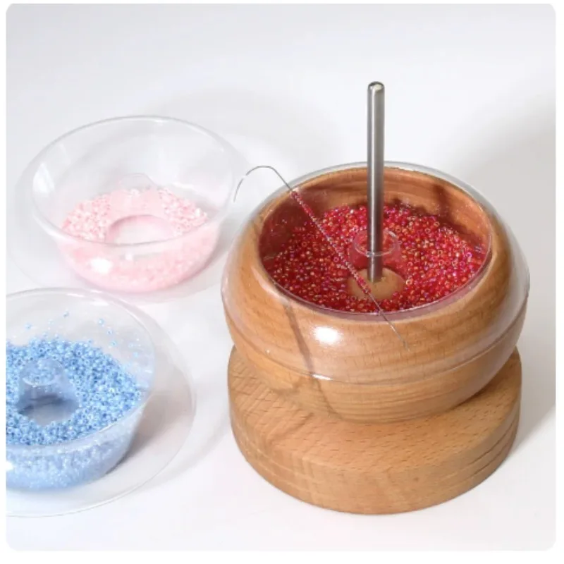 Brass & Wood Bead Threading Bowl Tool, Bead Sorting Tray with Flat Needle for Rice Bead Jewelry Making