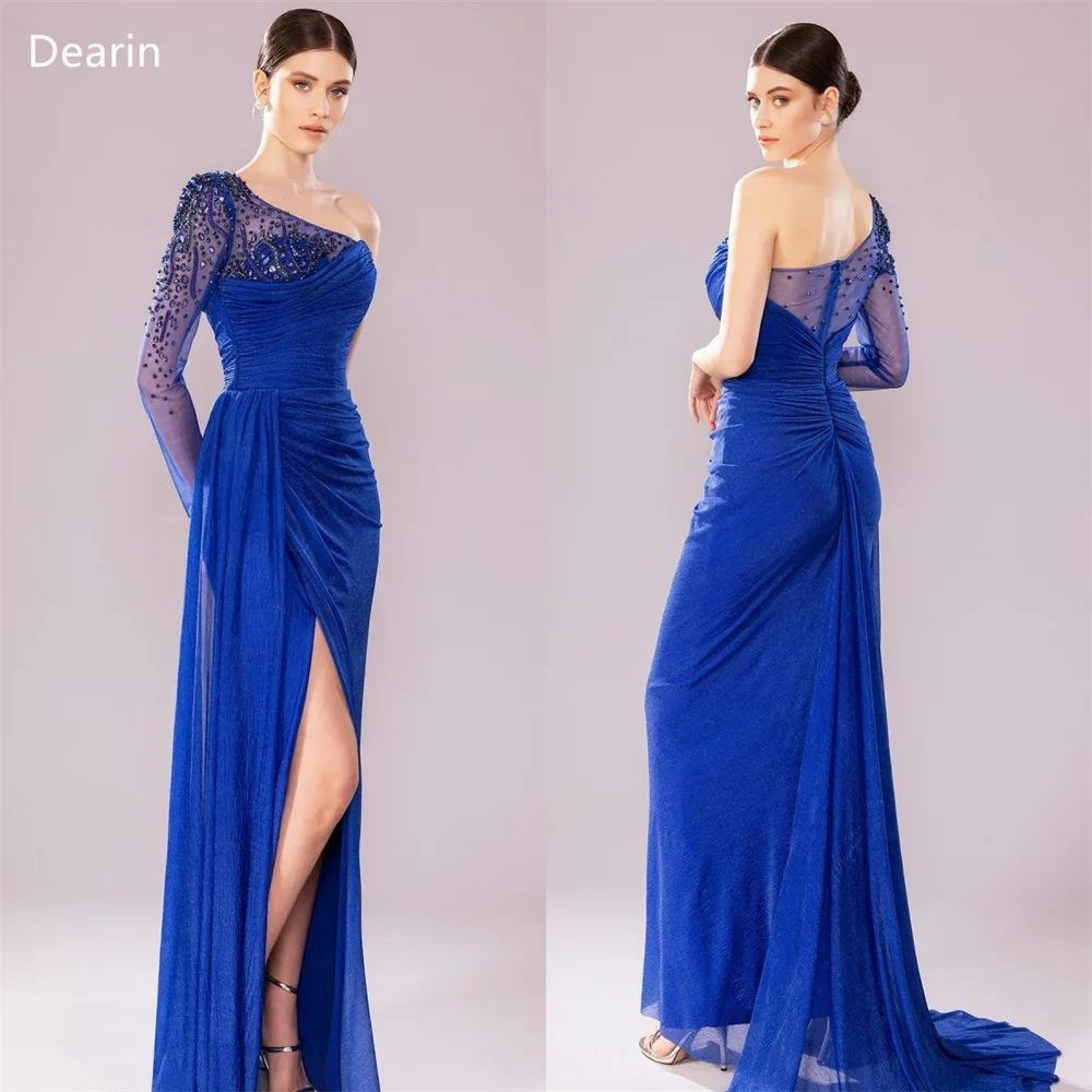 Customized Evening Dress Prom Formal Gown Dearin One-shoulder A-line Floor Length Skirts Draped Layered Tulle Beading Bespoke Oc