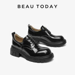 BEAUTODAY Concise Derbys Women Cow Leather Thick Sole Big Round Toe Platform Glossy Leisure Working Shoes Female Handmade 21993