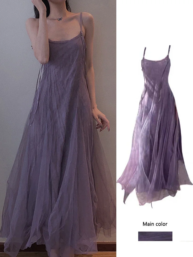 Effect Purple Mesh Ankle-Length Dress with Strap for plus Size Women Conceals Belly A-Line Gown Korean Style Commute dress