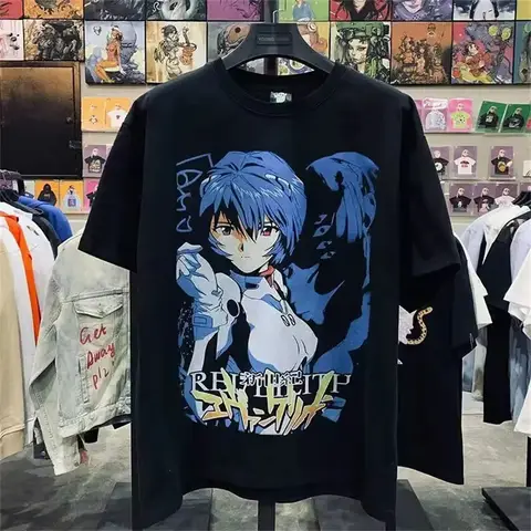 EVANGELION 아야나미 레이 T 셔츠 오버 사이즈 프린트 반팔 탑 여름 남성 힙합 펑크 Tshirt 캐주얼 streetwear 의류 선물