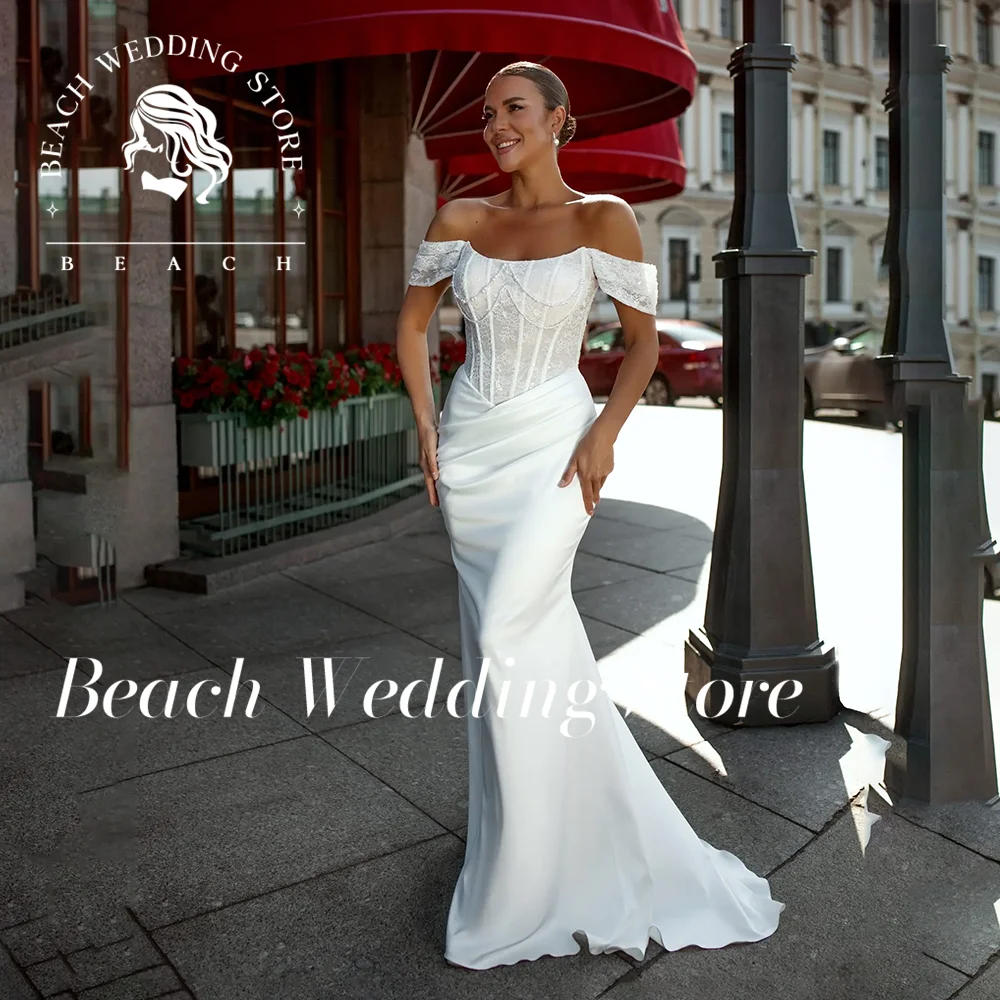 

Beach Mermaid Strapless Off Shoulder Satin Simple Floor Length Sleeveless Bridal Gowns 2025 Elegant Vestidos De Novia Customized