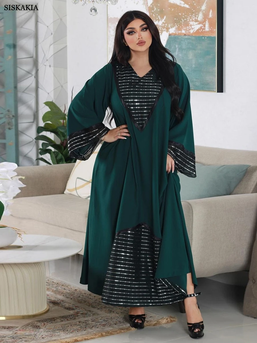 Siskakia Fashion Sequins Black Mesh Patchwork Dubai Abaya Elegant Casual Full Sleeve V-Neck Long Dress Women Muslim