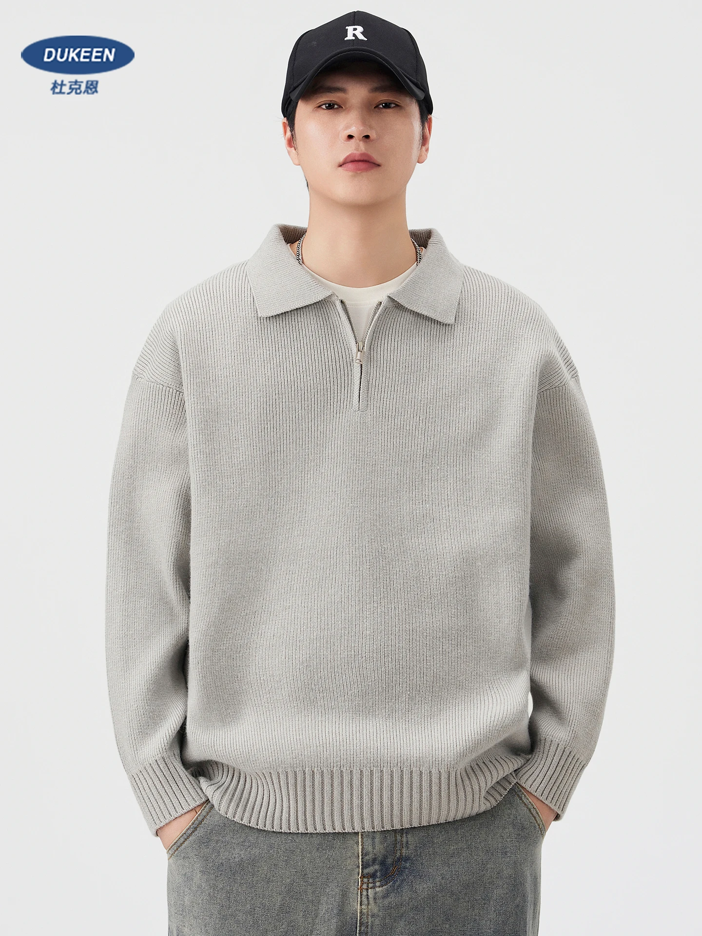 DUKEEN 810G Heavyweight Half-Zip Men's Sweater Autumn and Winter Japanese Style Polo Collar Relaxed Fit Warm Knitwear