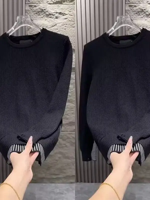 

Casual Knitted Sweater Fake Two-Piece round Ne Pullover Men's Striped Patchwork Faionable Versatile Comfortable Spring Au...