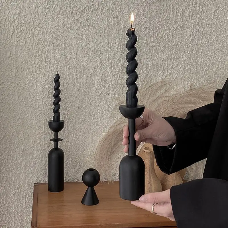 Simple Light Luxury Black Candlestick Home Desktop Wooden Candle Holder Living Room Bedroom Photography Props Decoration LI604