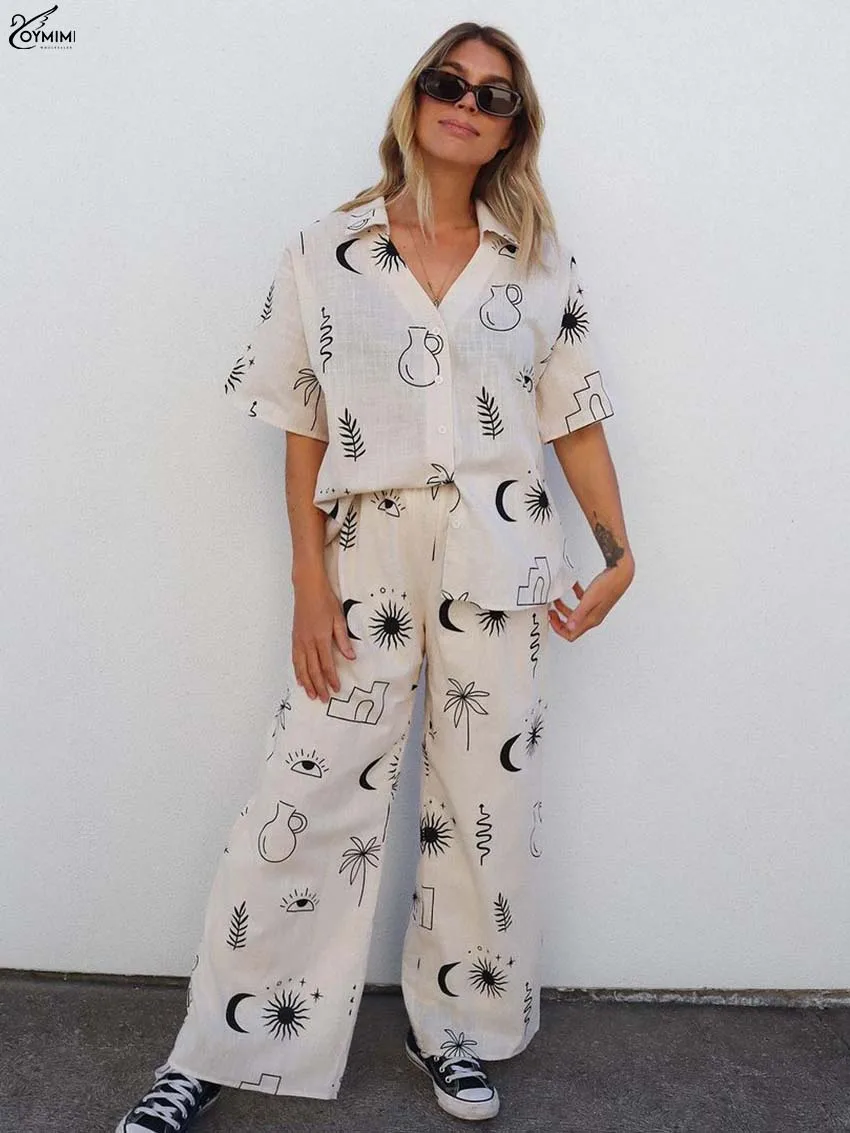 

Oymimi Elegant Beige Print Two Piece Outfits Woman Fashion Half Sleeve Single Breasted Shirts And Straight Trousers Female Sets