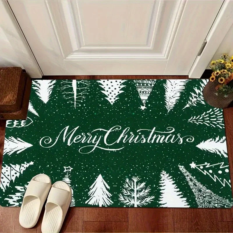 Dark Green White Pine Tree Merry Christmas Script Snowy Night Pattern Durable Washable Floor Carpet For Contemporary Winter
