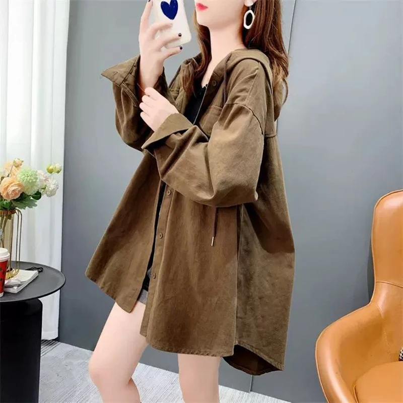 Koreaanse blouses met lange mouwen en capuchon, lente herfst, nieuwe mode, middellange losse top met lange mouwen, streetwear dameskleding