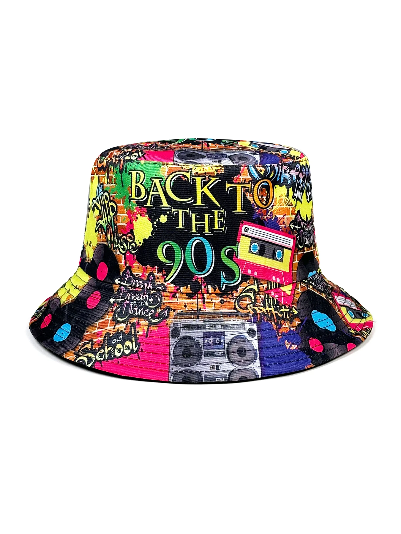 Retro Nostalgischer Graffiti 90er-Jahre-Fischerhut, personalisierter, trendiger bedruckter Unisex-Sonnenhut, wendbarer, faltbarer Sonnenschutzhut, geeignet für alle Jahreszeiten, geeignet für