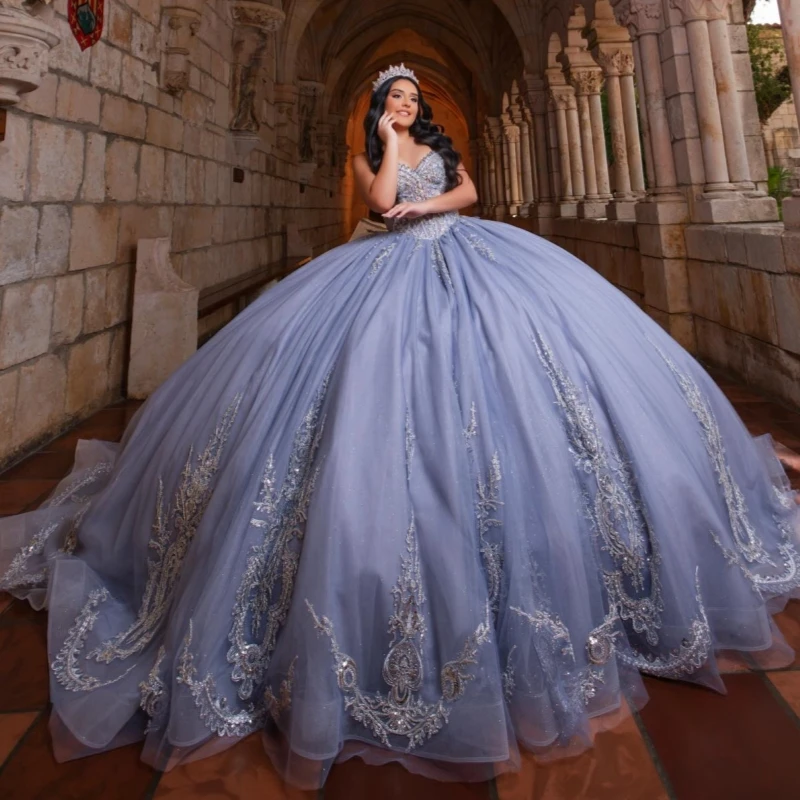 

Navy Blue Shiny Quinceanera Dresses Applique Lace Beading Crystal Bow Corset Tull Princess Off The Shoulder Sweet 16 Dress Vesti