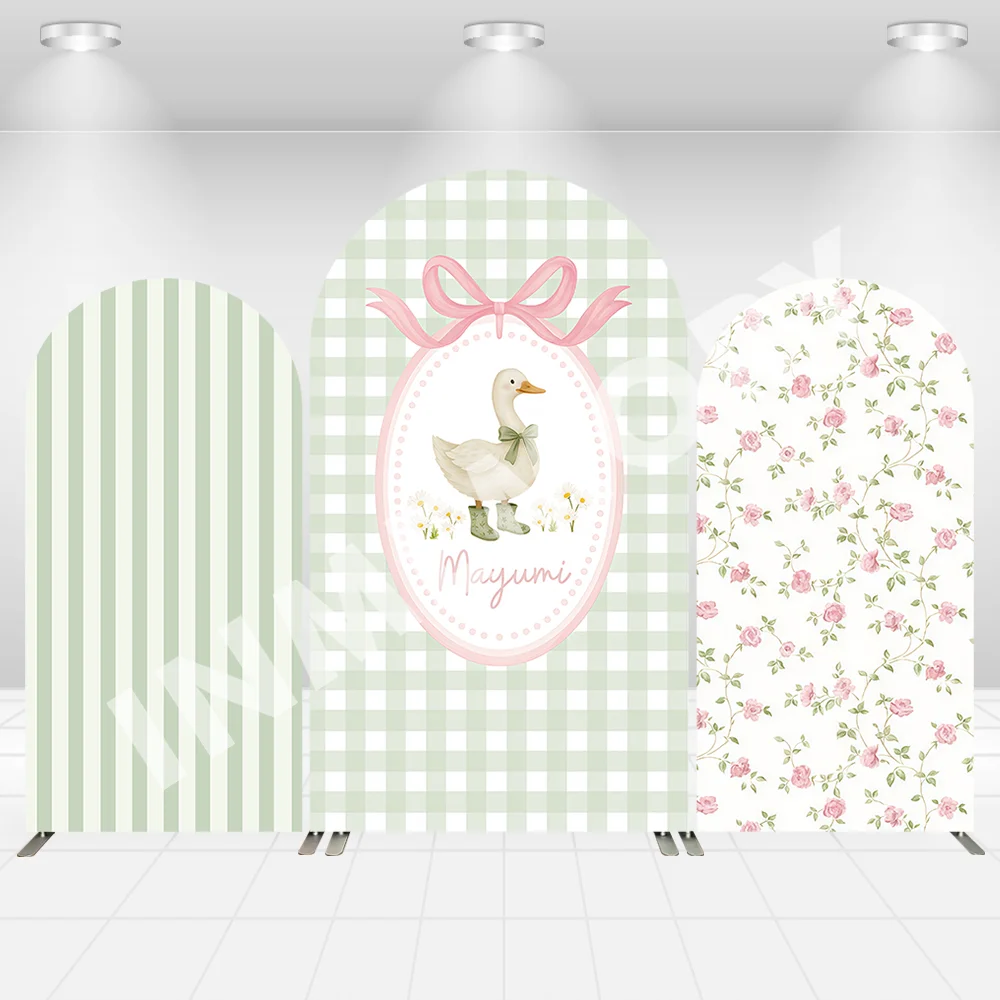 Green Grid Goose Photo Backdrop Arch Cover Cute Duck Baby Shower Decor Birthday Background 2-Side Baby Shower Party Decor Banner