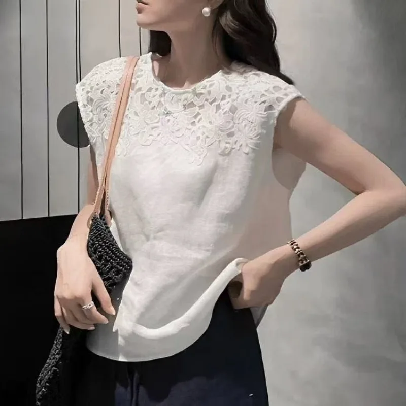 Gilet con finiture scavate in pizzo retrò Donna Estate Faion Allentato rotondo Ne Svel Base irt Top Cleanfit U-ne Ricamo
