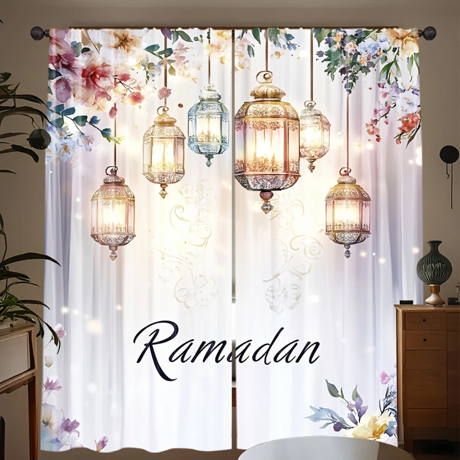 2PCS Digital Print Curtains, Abundant Flowers Lantern, Rich Floral Lamp Decor Lush Blossom Festival Style Living Drapes