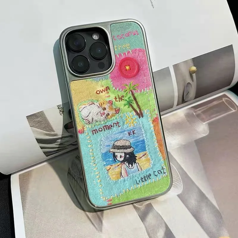 Ins Summer Splicing Beach Cat Girl Electroplated Frame Shockproof Chic Phone Case for IPhone 16 15 14 13 Pro Max Back Cover Capa