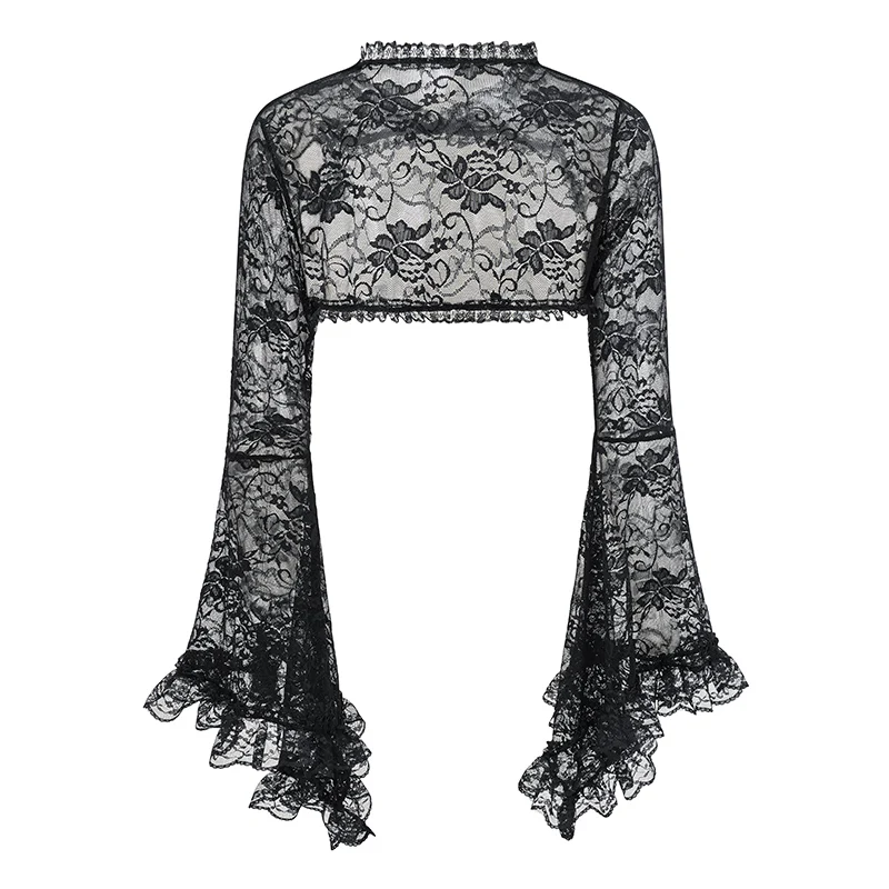 Black Transparent Floral Lace Halter Neck Flared Sleeve Victorian Steampunk Jacket Women Gothic Coat Dark Top Sexy y2k Clothes