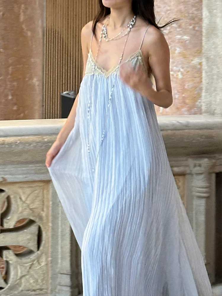 

July Eise Vintage Improved Retro Style Pleated Design Sense Lace Strap Dress High Waist Polyester Summer Women's Dress Citywalk