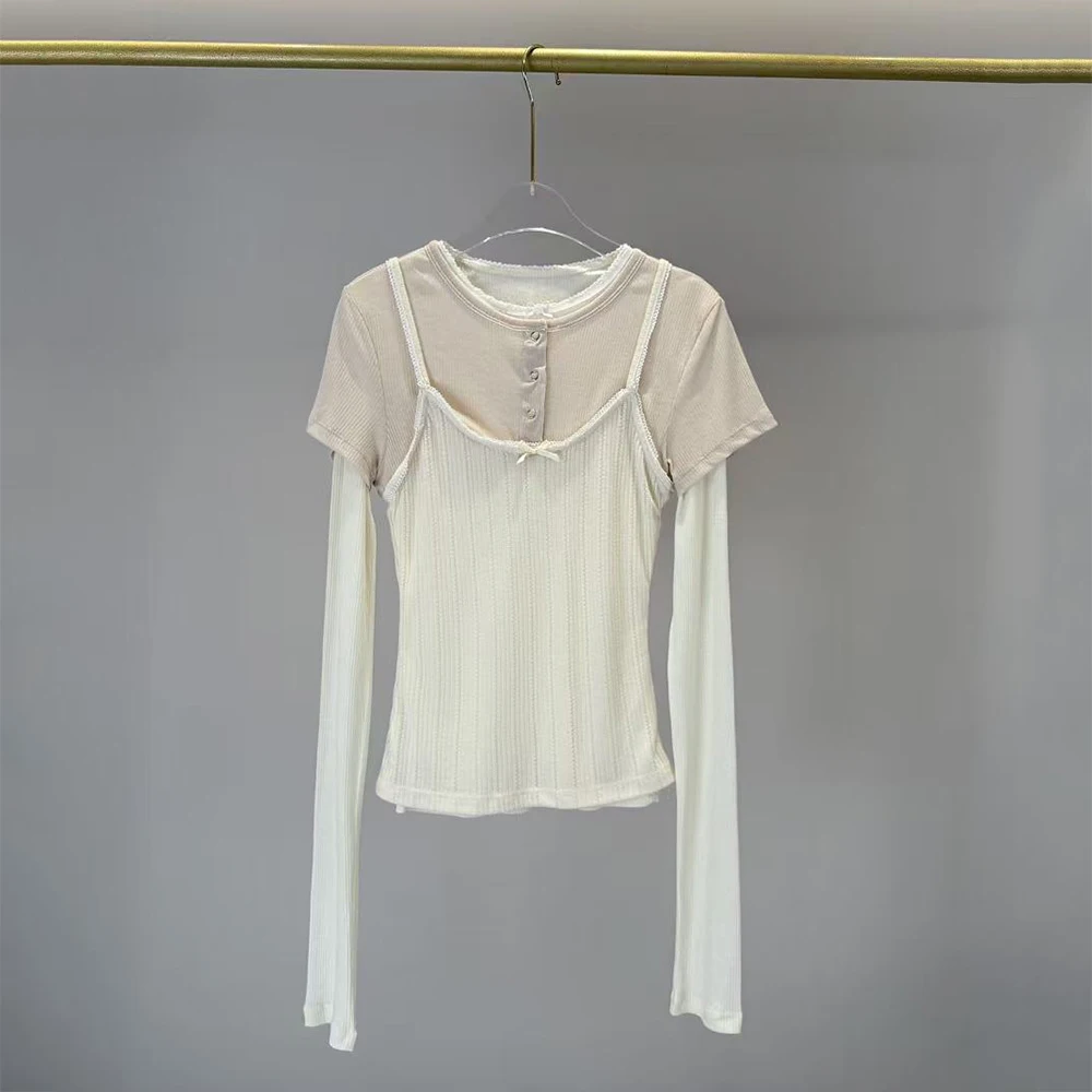 Women 100% Cotton Fake Two‑Piece Long Sleeve T‑Shirt Lace Trim Bow Decor Cami Spliced Slim Fit Crew Neck Y2K Layering Tops