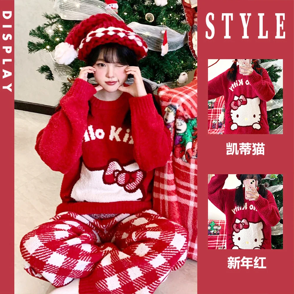 Kawaii Christmas Sanrioed Cartoon Hello Kitty Knitted Sweater Women Knitting Red Knitted Tops Anime New Cute Girls Student Tops