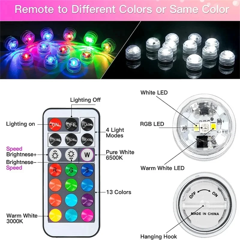 10 LEDs Submersible Light with Remote Control Battery Powered Underwater Night Lamp for Pool Vase Bowl Wedding Party Decoration