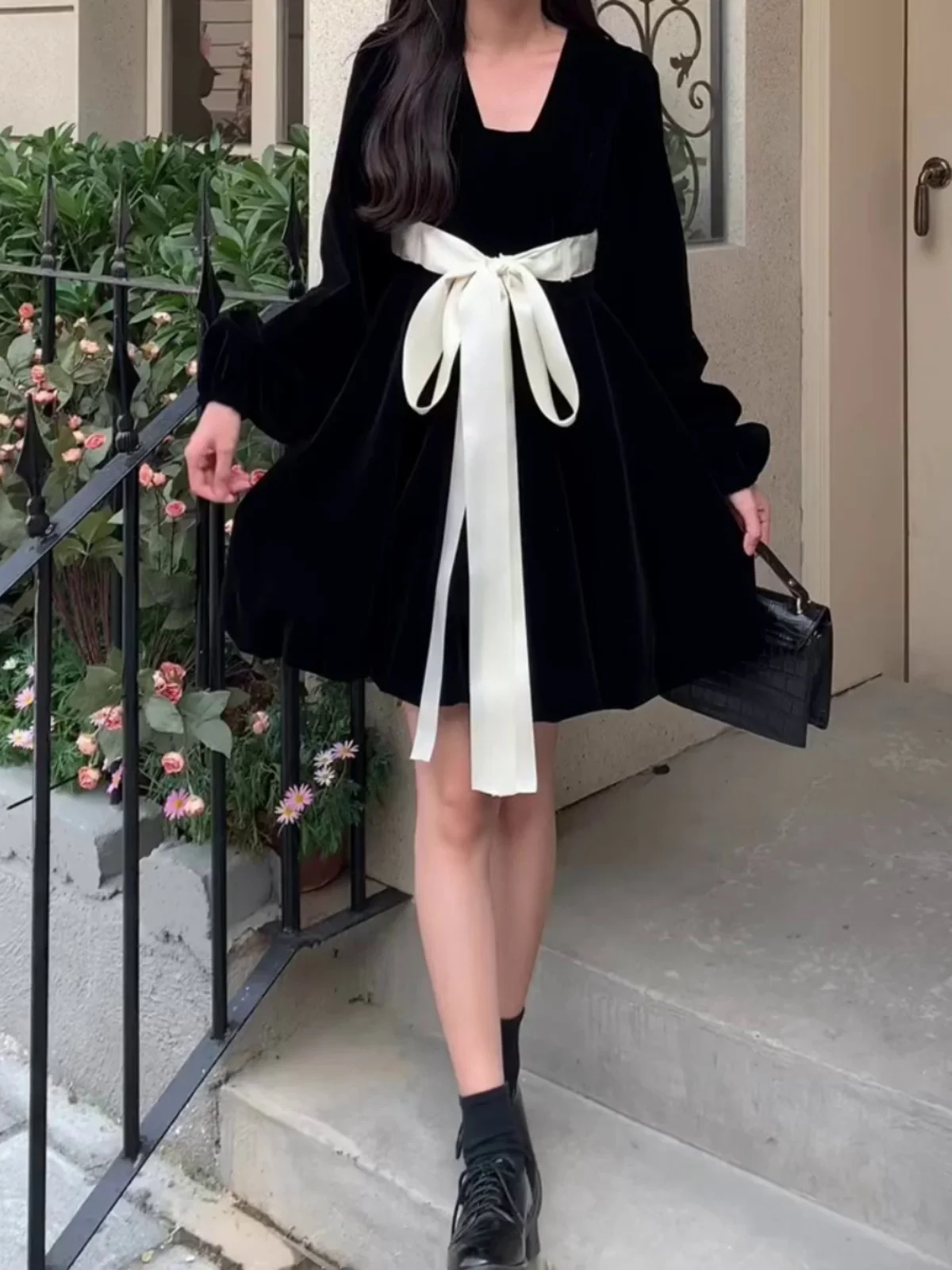 Abito in Velluto con Grande Fiocco e Cintura per Donna, Nuovo Stile Primaverile, Maniche Lunghe, Stile Principessa, Dolce ed Elegante