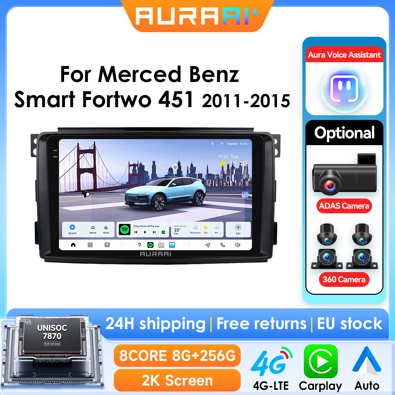 8G 256G ARAI Android 13 Autoradio Per Merced Benz Smart Fortwo 451 2005-2010 GPS CarPlay ADAS 360Camera 2K Schermo 3D UNISOC 7870