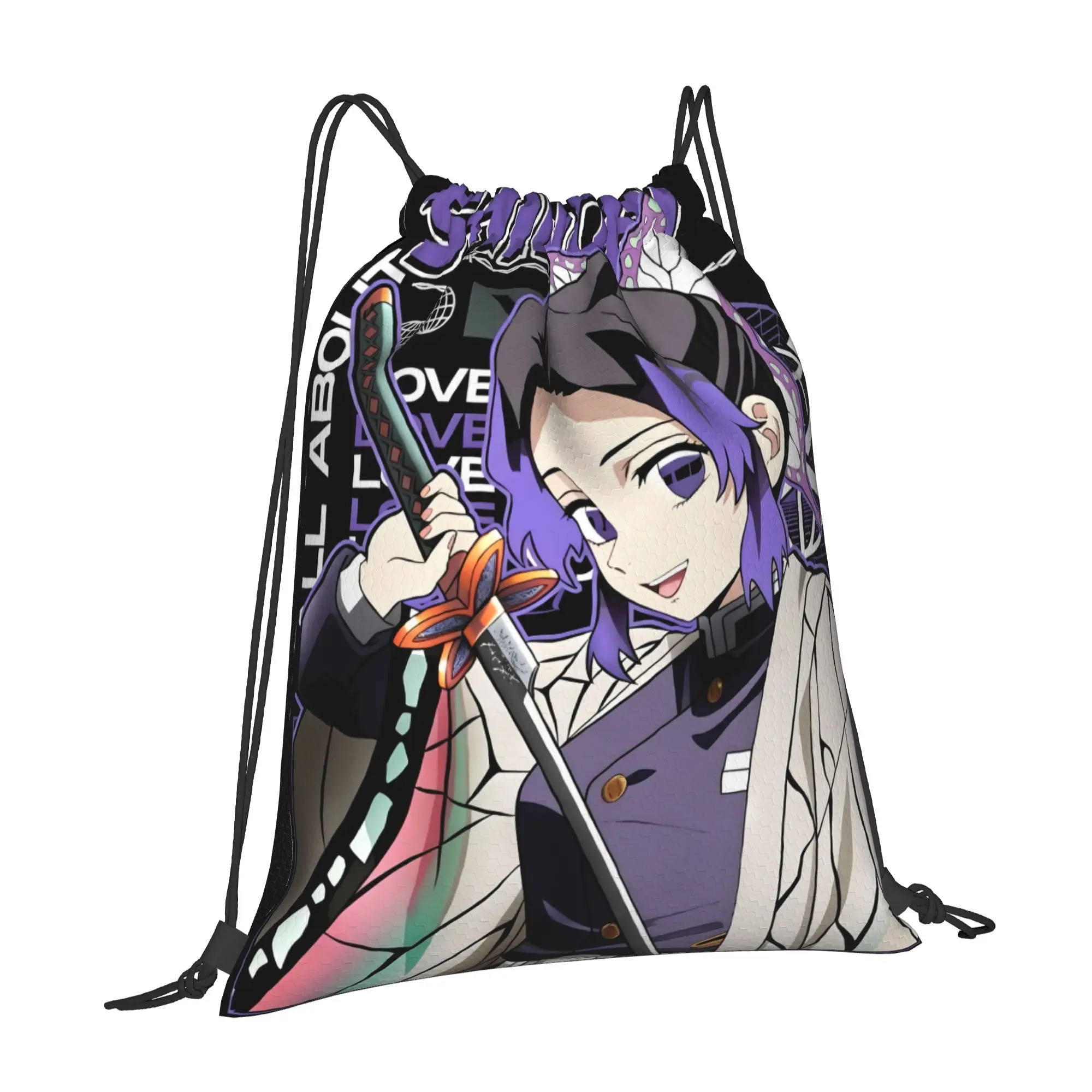 1 pc Shinobu Kocho Demon Slayer Anime Print Drawstring Bags Men Women Storage Backpack Teenager Travel Bag