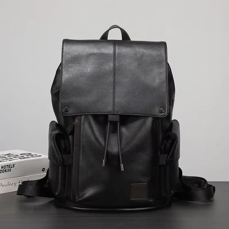 Aijiang new leather men's waterproof backpack casual large capacity fashion travel polyester lining 15.6 inches
