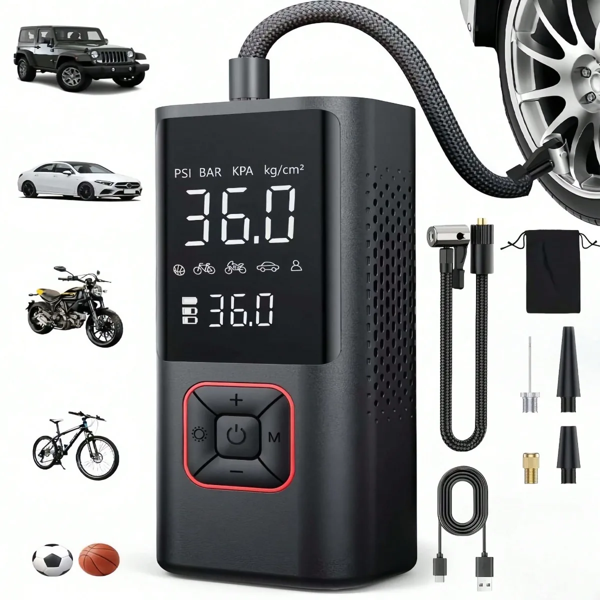 

Портативный воздушный компрессор для накачивания шин, беспроводной велосипедный насос 150 фунтов на квадратный дюйм, воздушный насос для автомобильных шин с цифровым манометром, аккумулятор