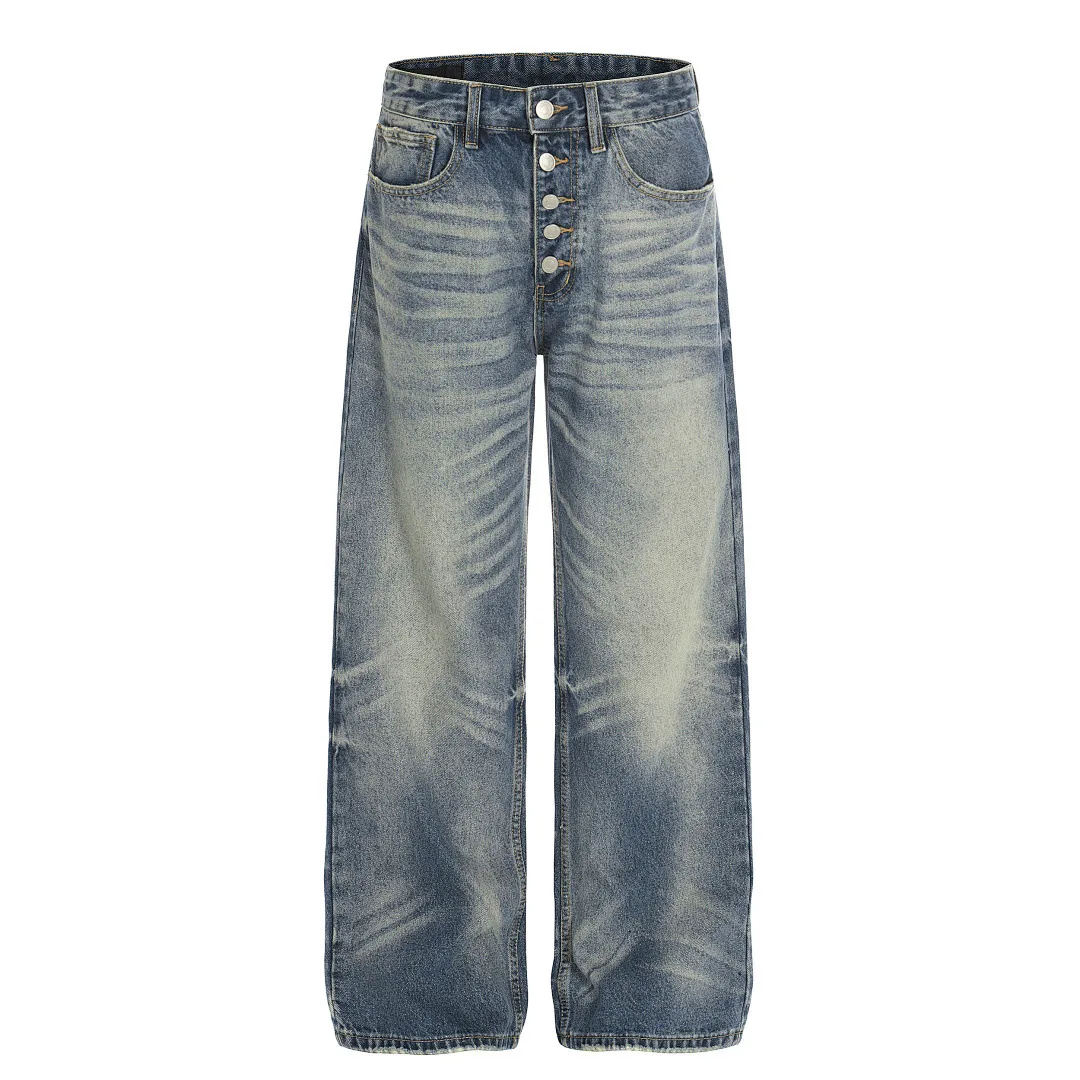 

Button Fly High Street Loose-fit Gradient Washed Distressed Crinkle Basic Straight-leg Casual Denim Jeans for Men Long Trousers