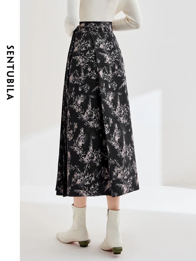 SENTUBILA Printed High Waist Midi Pleated Skirt for Woman 2024 Spring Elegant Floral A-line Horse-face Skirt Clothing Q34Q52431