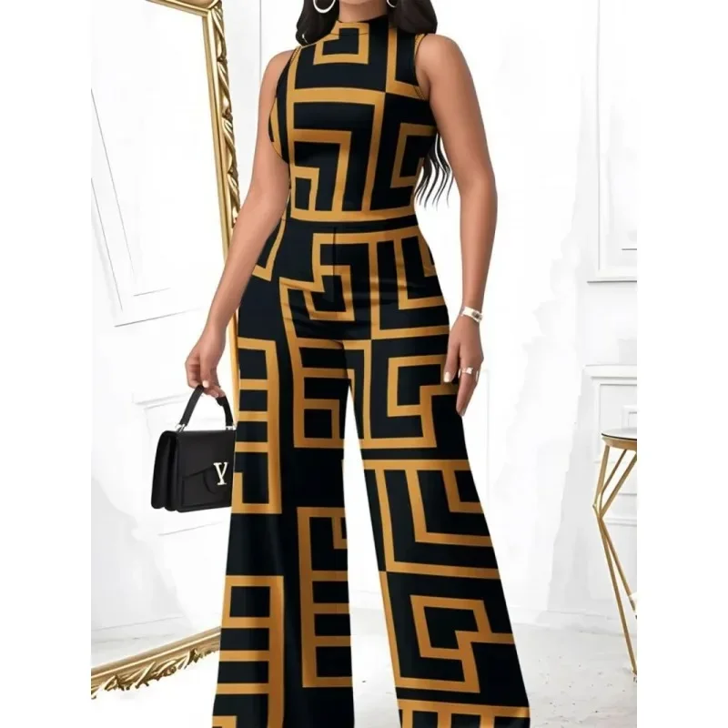 

Women's Sleeveless Color-Block Jumpsuit European American Maze Geometric Pattern Fashion Comfortable Commuterwear