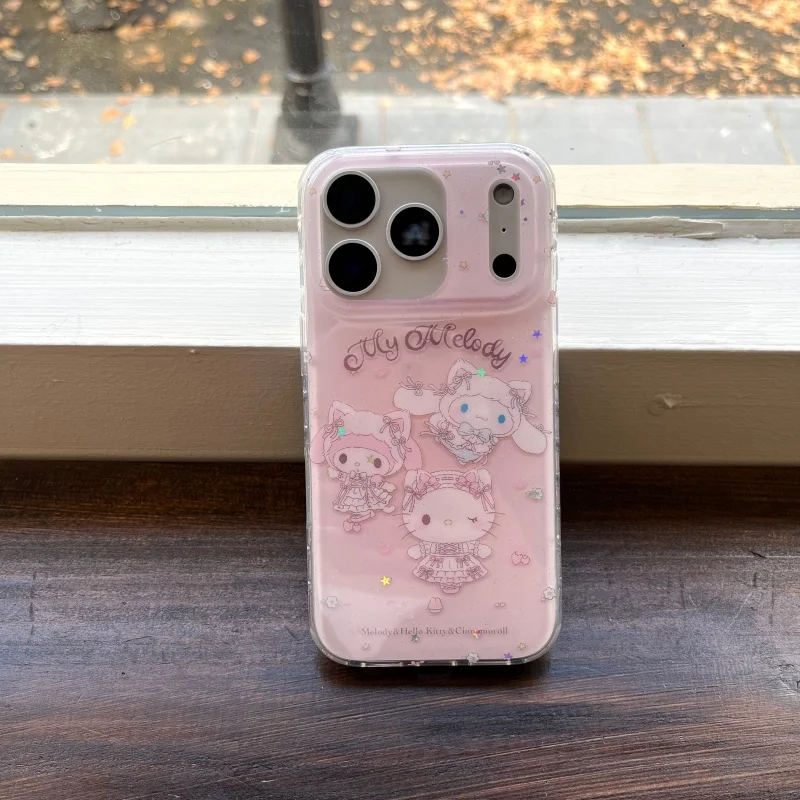 

Cute Cartoon Star Hello Kitty Sparkling phone Case For iPhone 13 14 15 16 17 Pro Max Kawaii Pink strawberry Kitty Glitter Cover